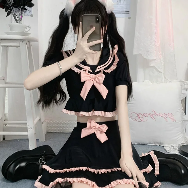 Anime Cute School Girl Cosplay Sukumizu Bow Sailor Collar Two Piece Swimwear Black Lolita Ruffle Bikini Swimsuit Tops Skirt Set