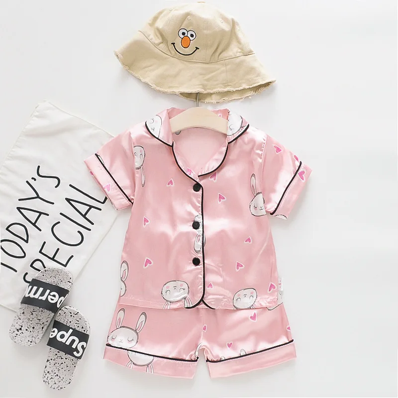 Children's Pajamas Sets Baby Suit Kids Clothes Toddler Boys Girls Summer Ice Silk Satin Sleepwear Casual Home Wear 1 2 3 4 Years