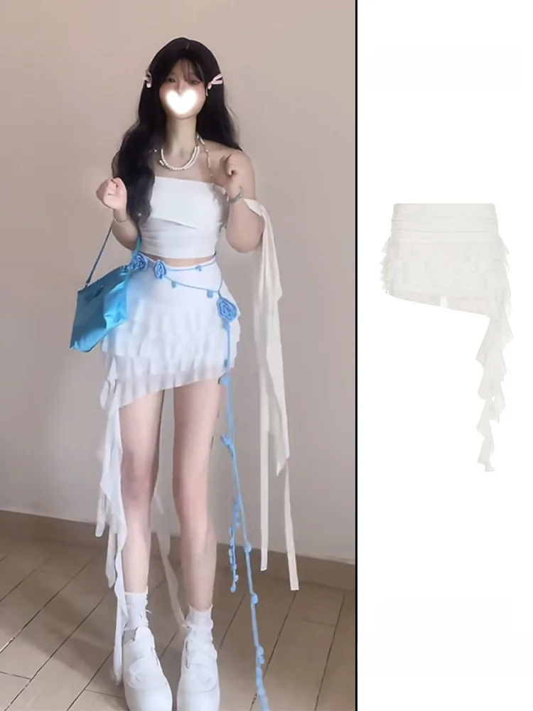 

Vaion Sle White Lace Bell Sve f Skirt Women Sexy Low Waist Asymmetrical ort Skirt Commute Retro High Waist A-Lin...