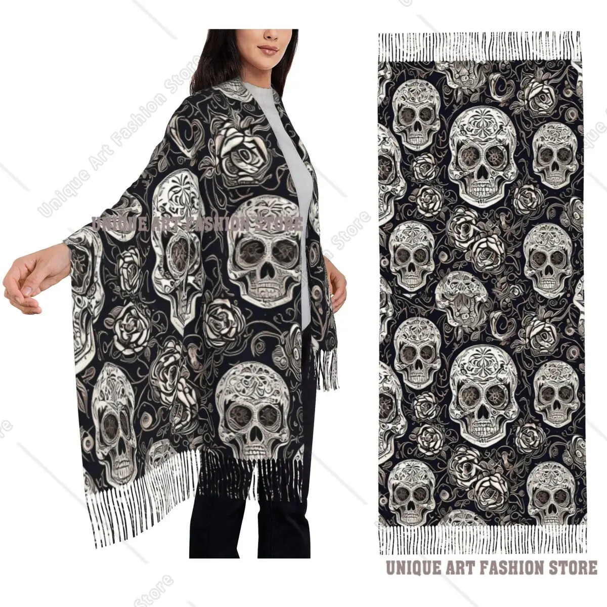 シュガースカル デイ・オブ・ザ・デッド ネオンシュガースカル スカーフ タッセル付きスカーフ 女性用ショール＆ラップ ロング 秋 冬 ショール ラップ