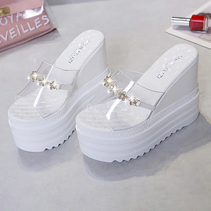 White Slipper Women\'s 2022 Summer Fashion Platform Sequined Slippers Slope Heels Woman Shoes Rhinestone Transparent Wedges Slide