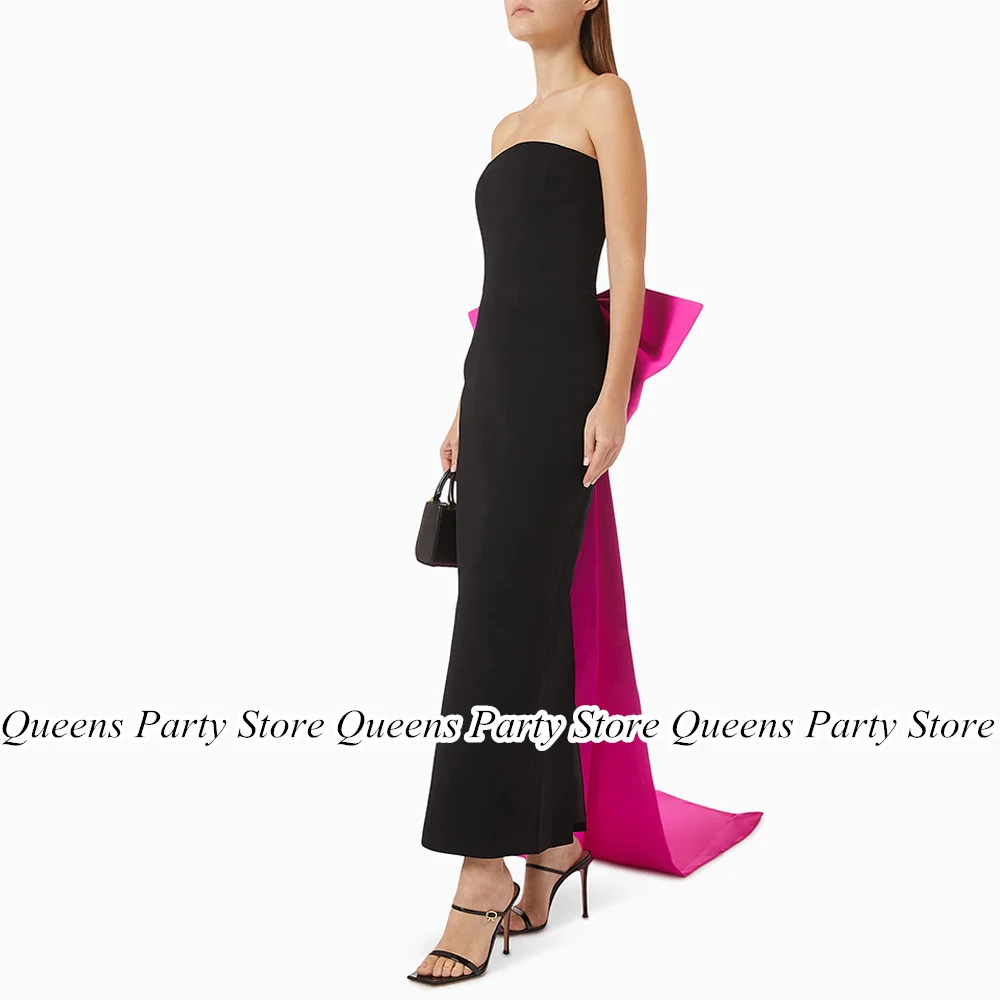 Black Evening Dress with Fuchsia Bow Train Strapless Sleeveless Ankle Length  Saudi Arab Prom Gown Party Dresses for Weddings