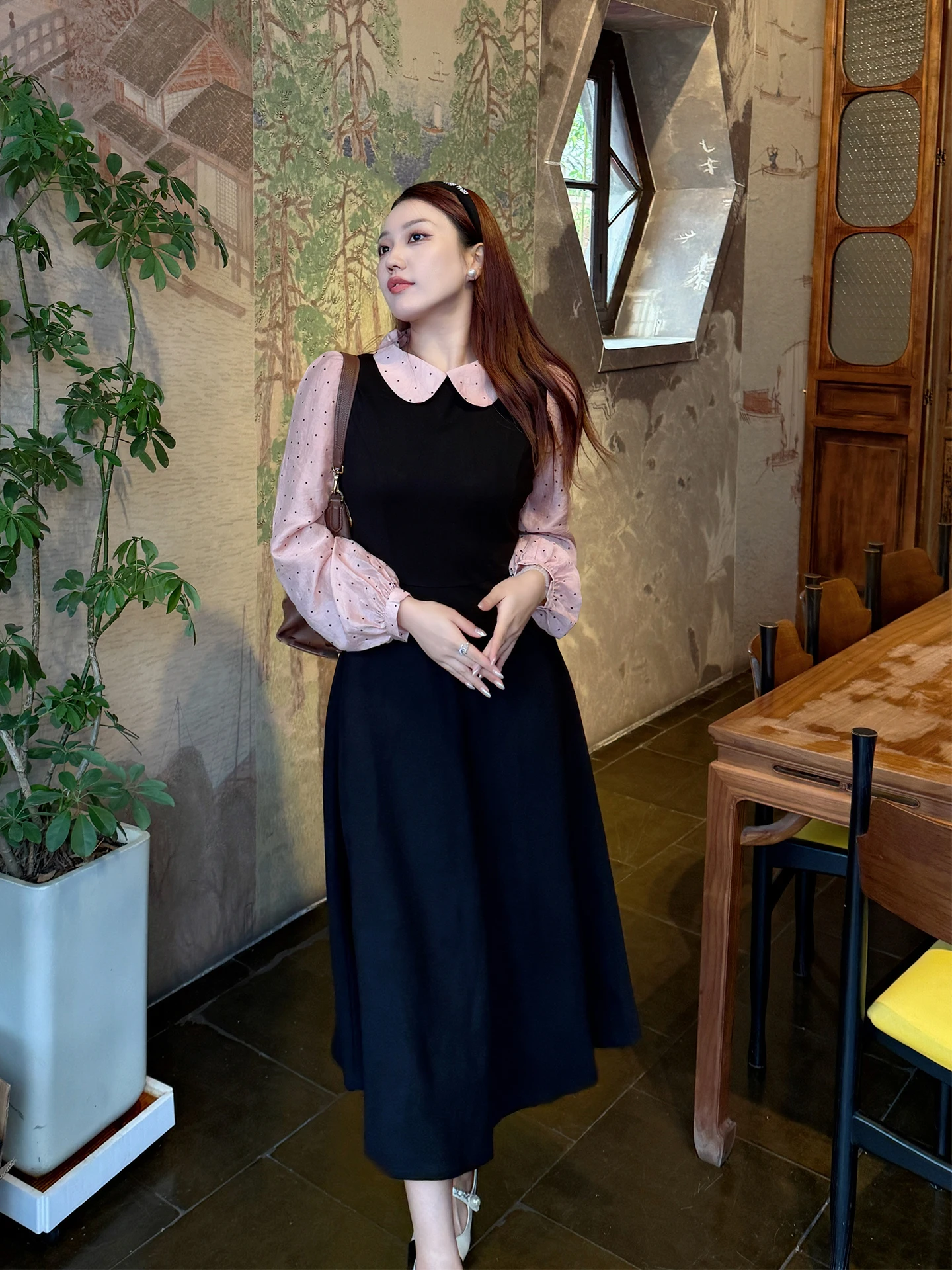 

Платье-бальное французское с воротником-стойкой и рукавами-фонариками, из мягкой ткани, стройнящее, больших размеров, для женщин, модное.