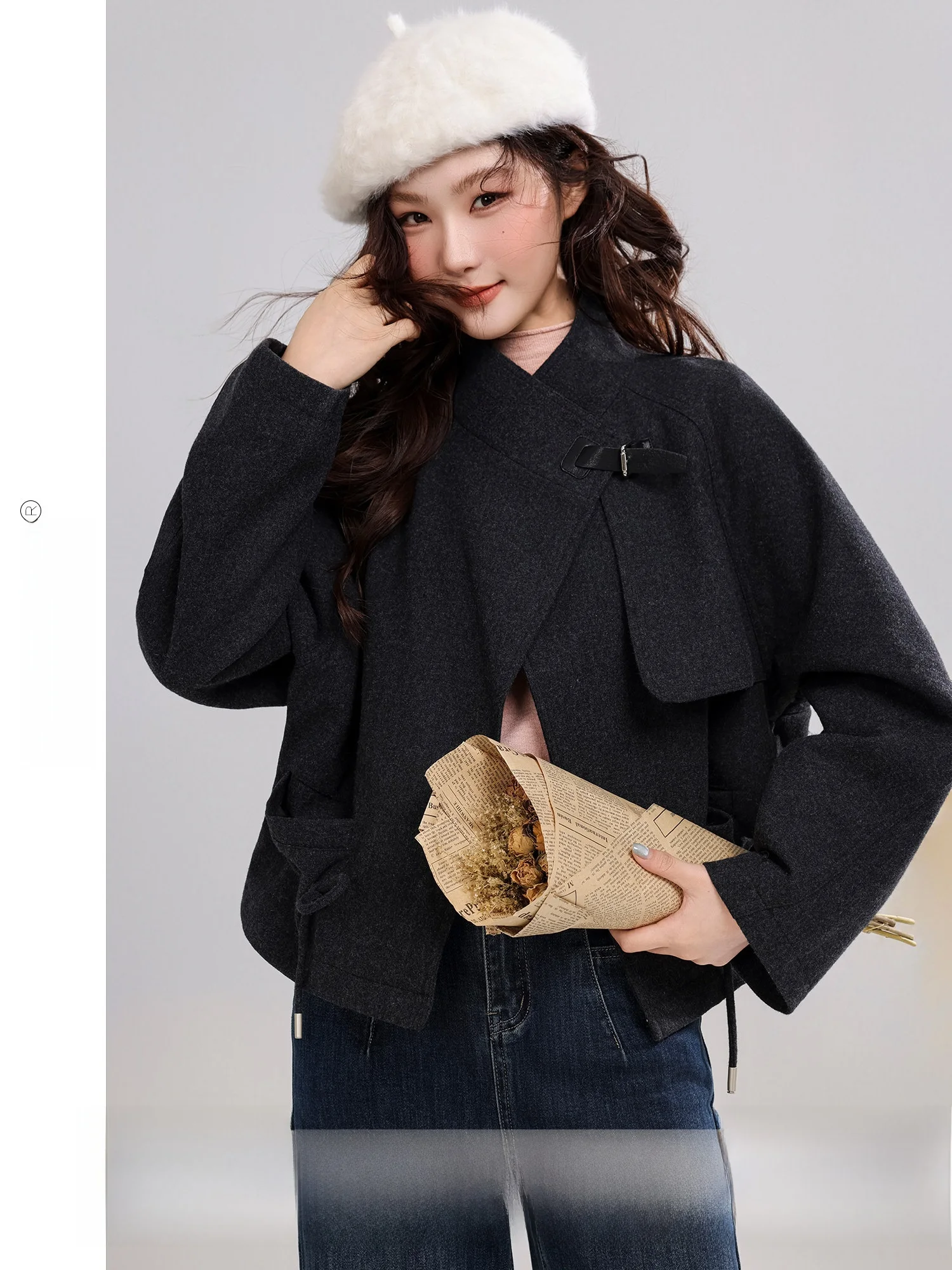 

Lingfengwojingi Winter New Arrival Women's Woolen Coat Stand Collar Retro Design Korean Sle Long Sve Pure Color