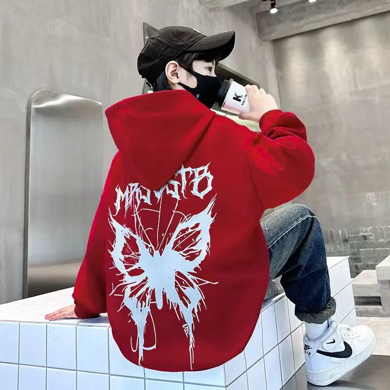 

Новинка 2023 года, осенне-зимняя толстовка с капюшоном и флисовой подкладкой для мальчиков среднего и большого размера — стильная модная детская верхняя одежда