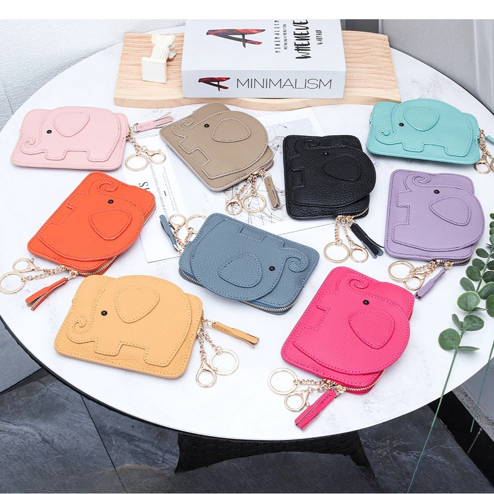 Cute Elephant Coin Purse - Zippered Pouch with Card Slots & Key Ring Holder, Leather Keychain Bag Pendant for Daily