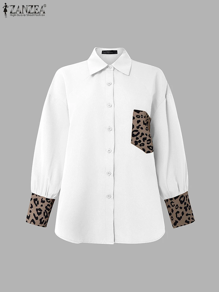 ZANZEA Women Shirts Fashion Patchwork Leopard Tops 2025 Vintage Long Sleeve Tunic Casual Loose Lapel Neck Elegant OL Work Blusas