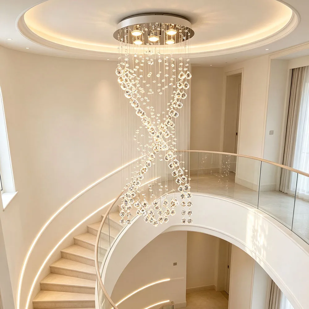 Luxury Double Spiral K9 Crystal Chandelier Long Waterfall Pendant Light LED Staircase Lamp For Villa Duplex Loft High Ceiling