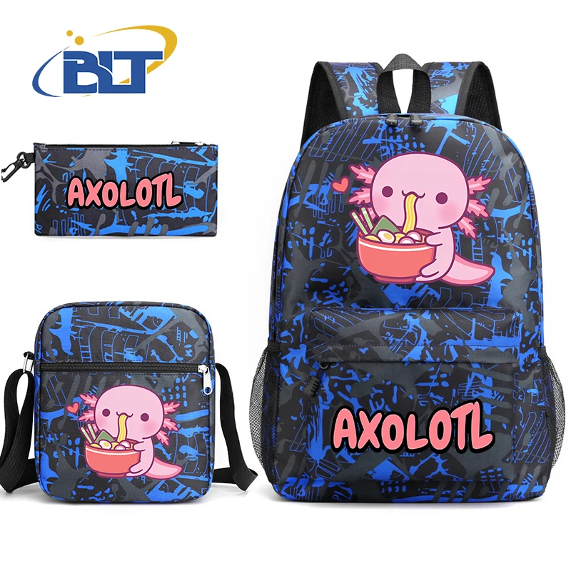 Cute Axolotl printed student school bag set youth backpack shoulder bag pencil case 3-piece set kids back-to-school gift