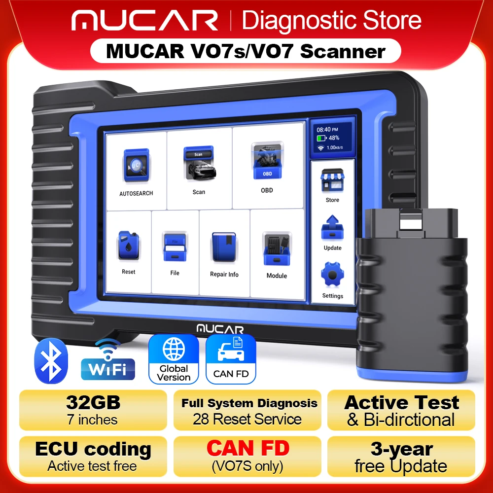 MUCAR VO7/VO7s OBD 2 Scanner Bi-Directional ECU Coding  Car Diagnostic Tool Full System Diagnosis 28 Reset AutoAuth for FCA SGW