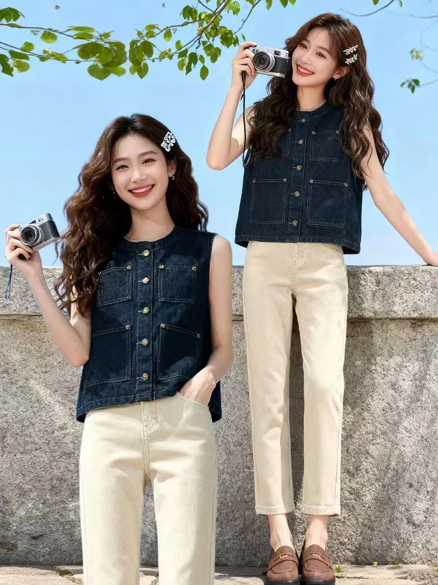 

Retro Korean Sle Denim Vest Women's Summer Faionable ort Svel round Ne Jaet Top Breathable Splice Proc