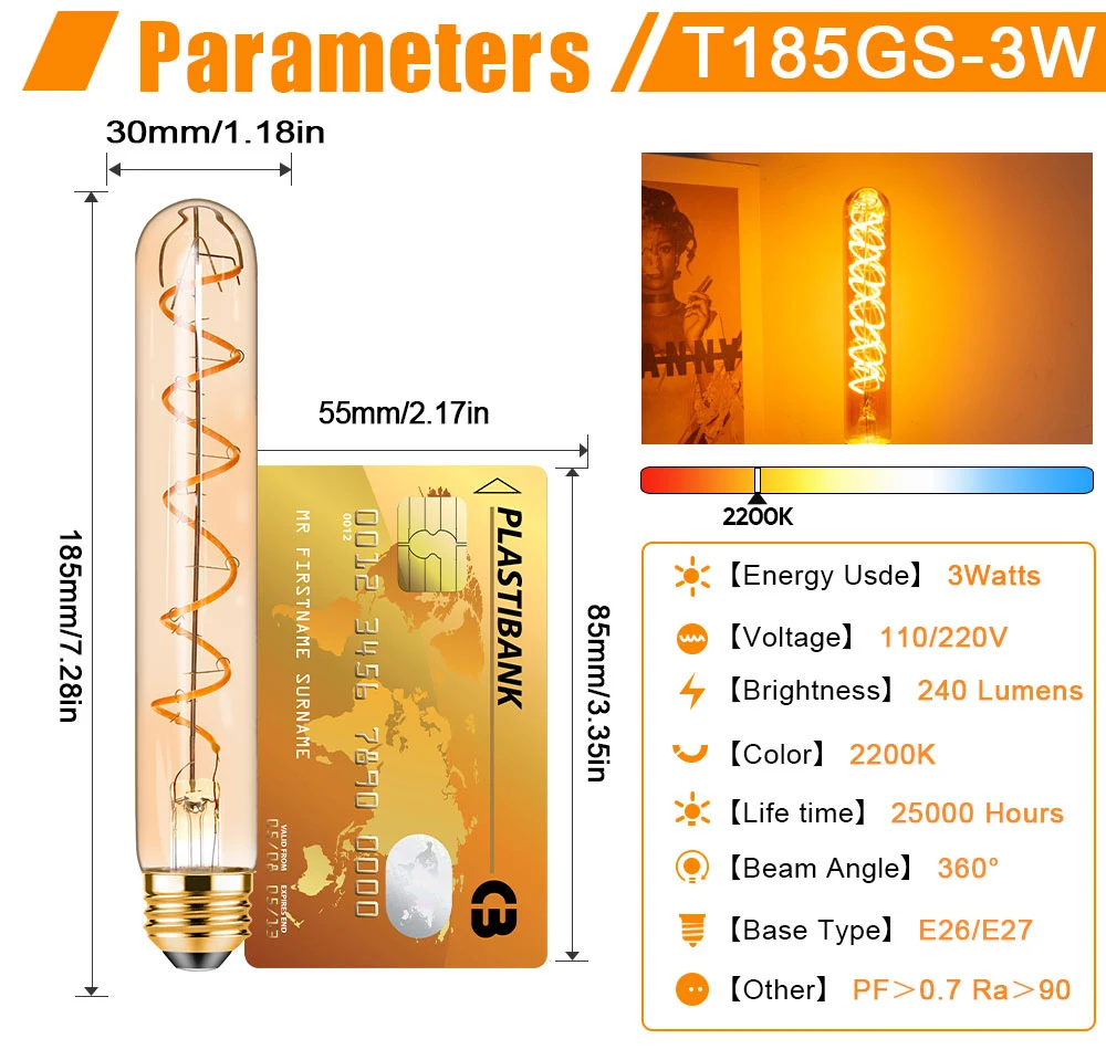 T185 Spiral Filament Edison Tube LED Bulb 3W 2200K Dimmable