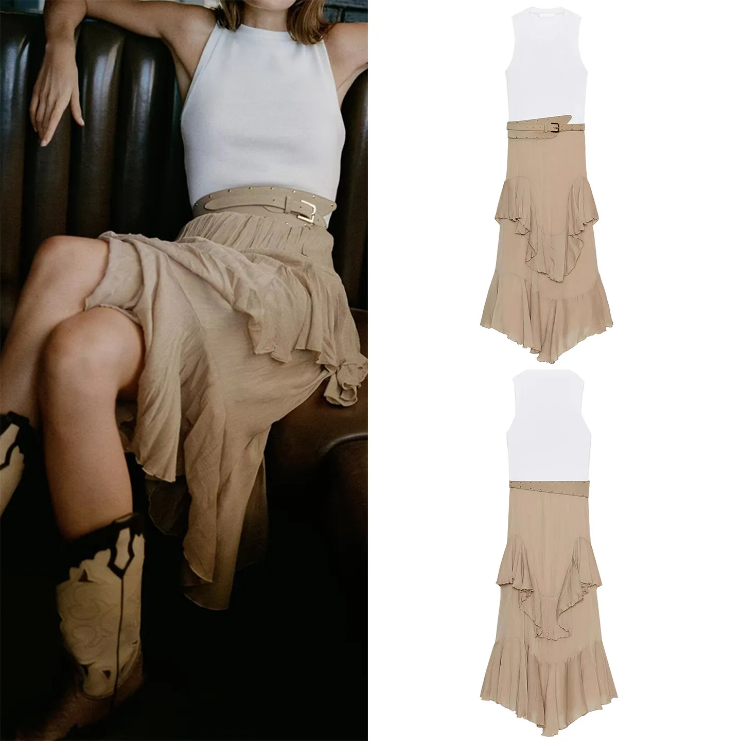 

Весна 2026: Женское повседневное платье без рукавов с круглым вырезом, поясом и многослойной юбкой в европейском стиле, А-силуэт