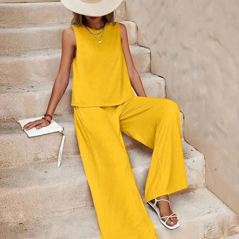 

New Women's Sleeveless Vest And Trousers Two Piece Set Fashion Solid Color Two Piece Round Neck Top Pants Suit Casual Set
