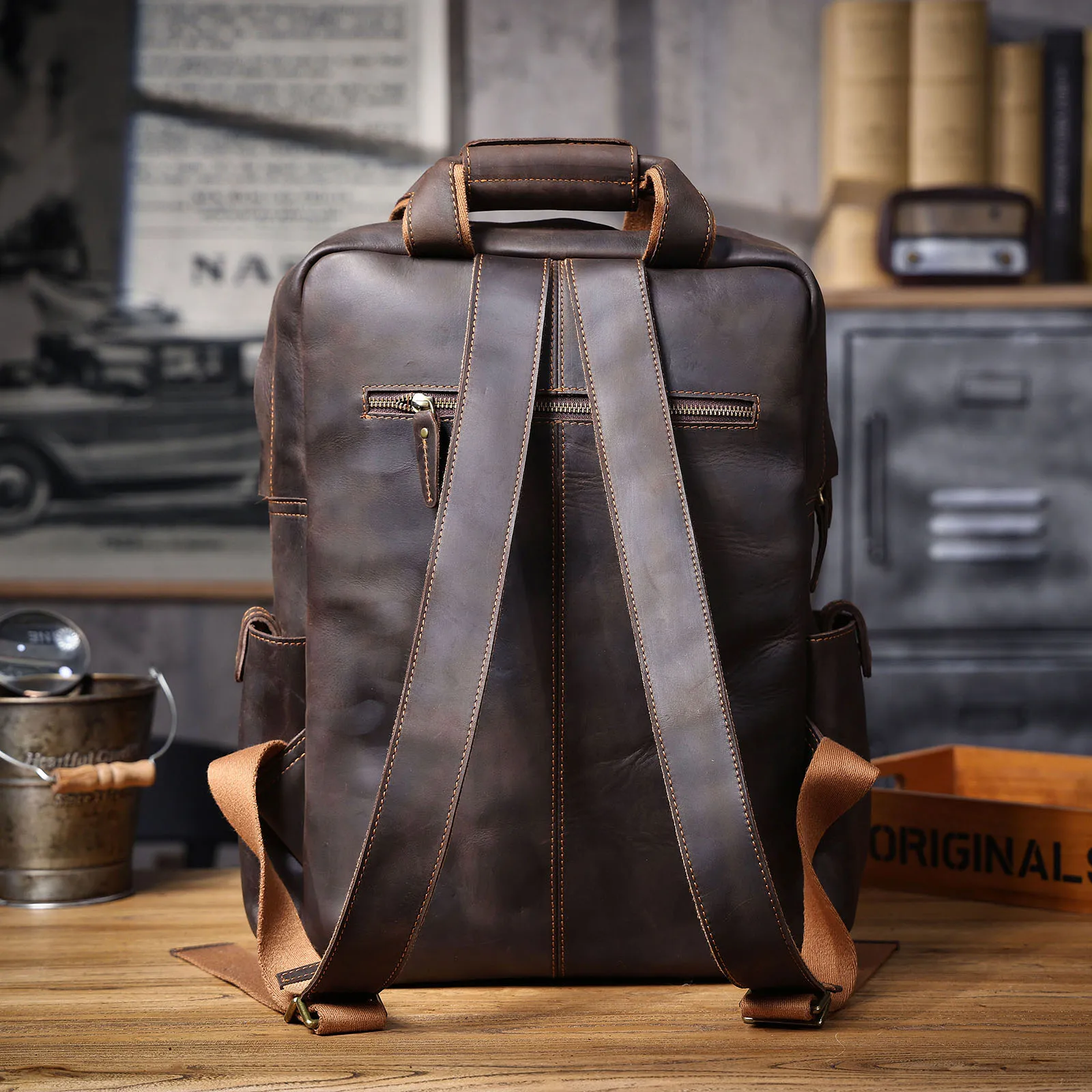 S.WORKER Vintage Echtleder-Rucksack 16 Zoll Laptop-Tasche Lässige Crazy-Horse-Leder Schultasche Outdoor-Reise-Weekender-Tasche – Detail 11