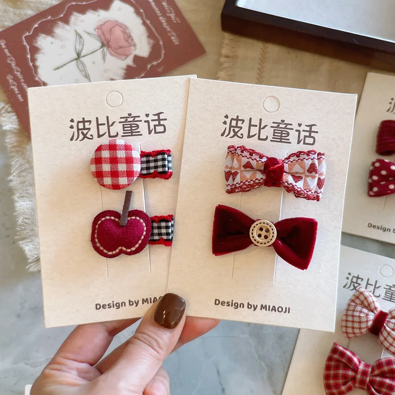 

Red Series Full Coverage Hair Clips for Infants Cute Little Apple Side Clips Embroidered Bow Hair Accessories for Baby Girls
