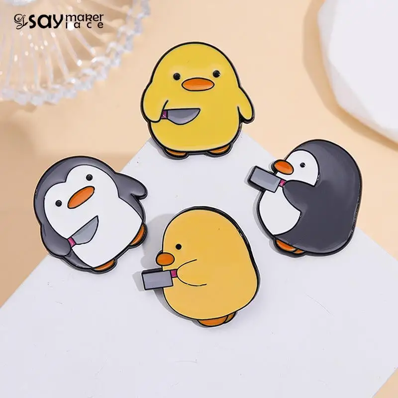 Chick Little Penguin Dagger Knife Brooches Lapel Badges Cartoon Fun Animal Jewelry Gift for Kids Friend Cutie Killer Enamel Pins