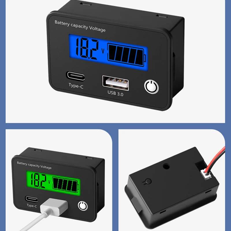 Car Motorcycle Digital Voltmeter DC8-30V Lead-Acid/Lron-Lithium/Ternary Lithium Measurement USB TypeC Output for Car Motorcycle