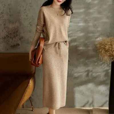 

Autumn New Fashion Women's Solid Color Elegant Casual Trendy Loose Knitted 2 Piece Sets O-neck Long Sleeve Sweater Skirts Female