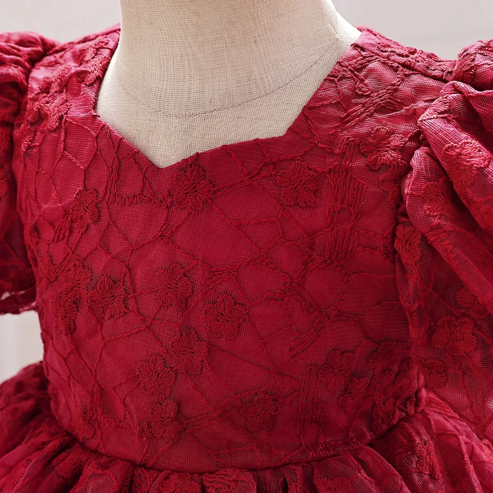 فستان أحمر للأطفال ليلة رأس السنة ملابس فتاة بأكمام منتفخة وفيونكة فستان شبكي متعدد الطبقات فستان كعكة منفوش مجموعة عيد ميلاد بعمر سنة واحدة