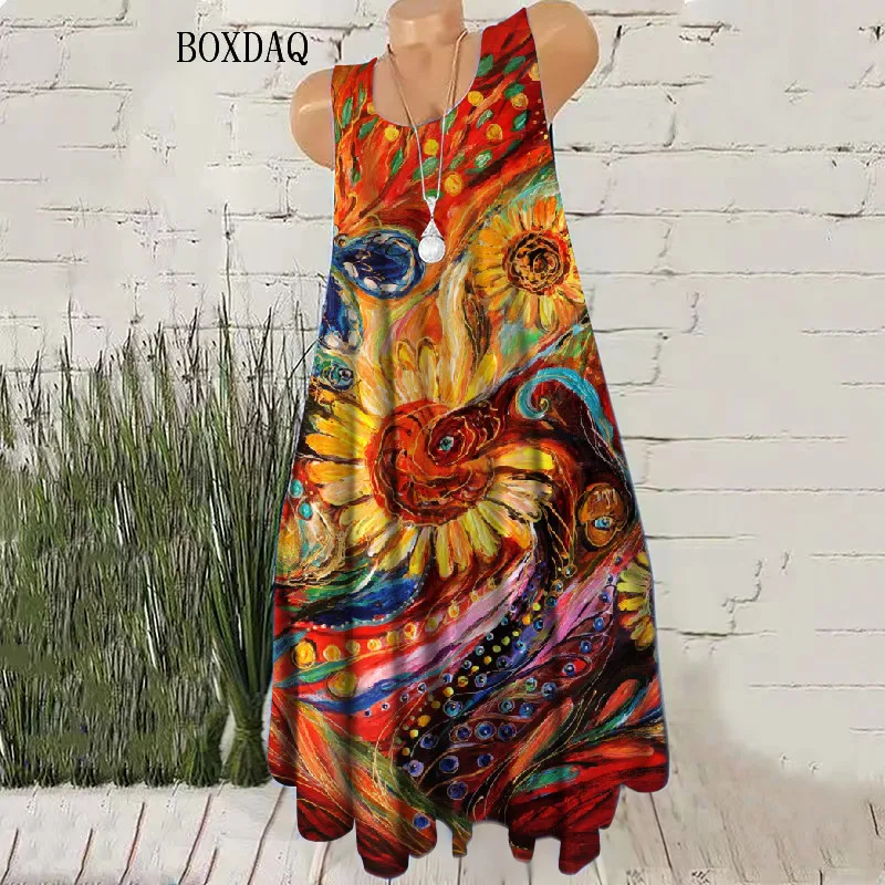 Gradient Women Vintage Short Dresses Sleeveless Summer 3D Tie-dye Street Style Female Dress Loose Casual O-Neck Mini Dress