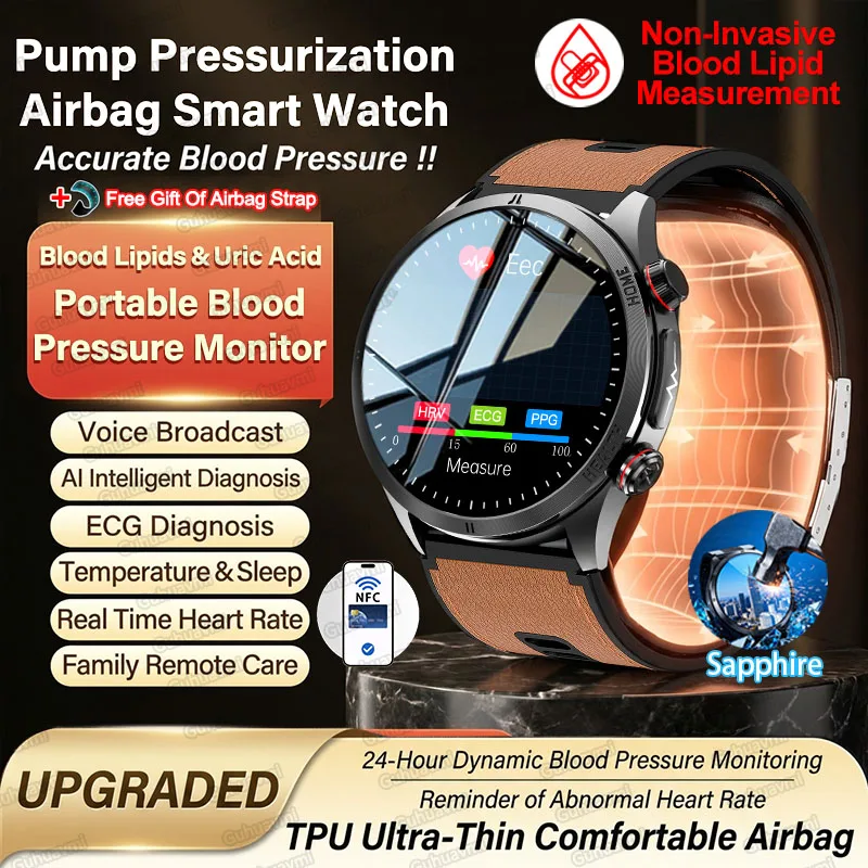 

Upgraded Version Airbag Pressurization Accurate Blood Pressure Airbag Smart Watch Man ECG NFC Health Tracking SmartWatches Woman
