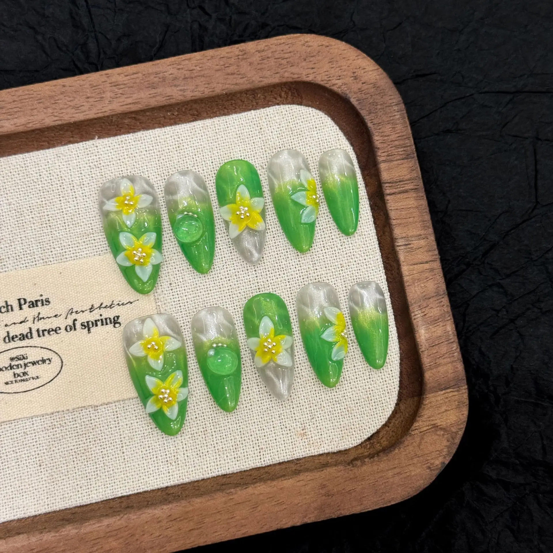 

10 PCS Luxury Handmade Press on Nails Long Almond Green carving Design with 3-PIECE Tool Adhesive Nail Glue Tabs