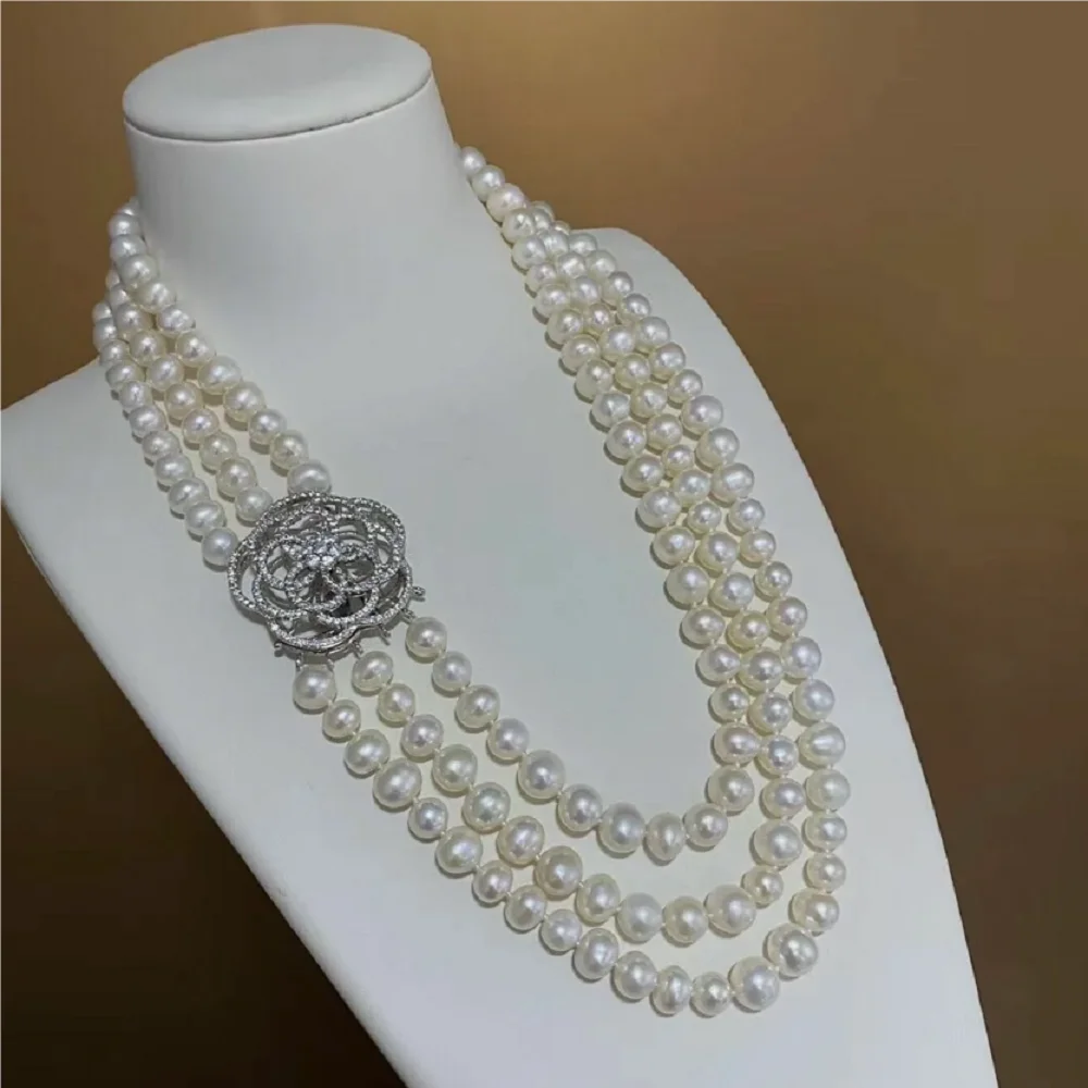 Beautiful color 3 strands AAA 9-10mm South Sea round white pearl necklace 18/19 /20 inch 925 s