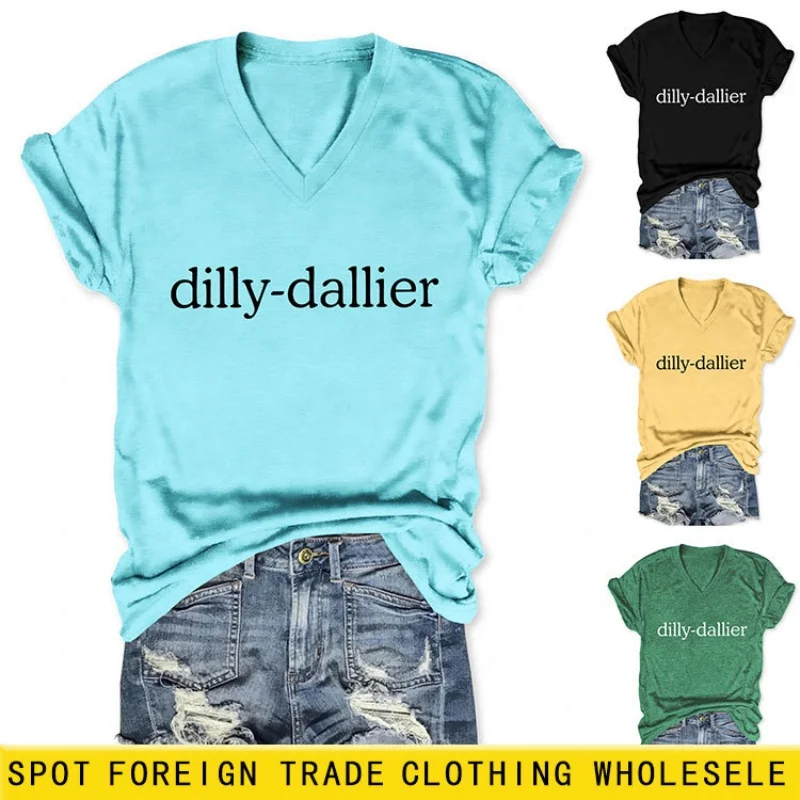 

Summer v-neck short-sleeved t-shirt for women, trendy brand with bold letter design, small-sized, suitable for casual wear.