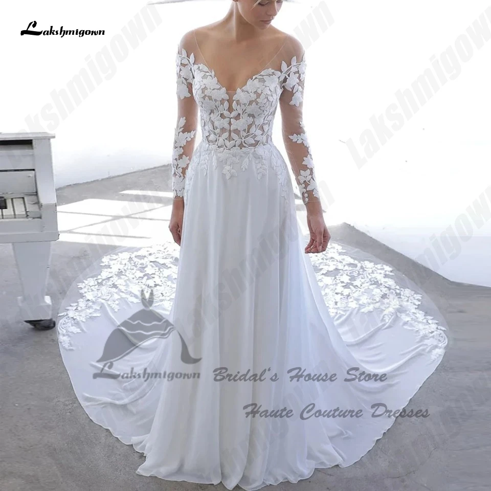 Lakshmigown abiti da sposa a maniche lunghe in Chiffon di pizzo civile taglio treno 2024 scollo a V abiti da sposa Sexy da spiaggia Vestidos De Noivas