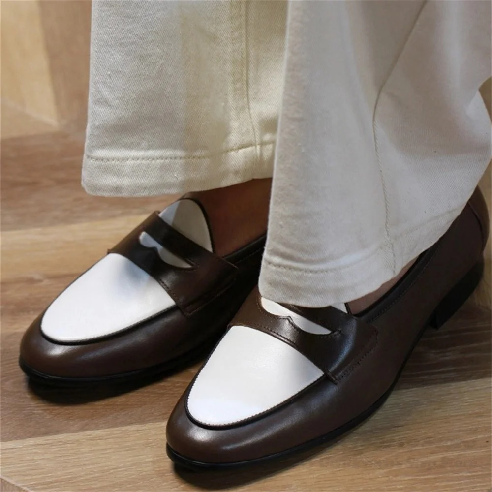 

Color Blocked Lazy Shoes Round Toe Handmade Cowhide Summer Casual Men Loafers British Style Slip On Business Formal Shoes