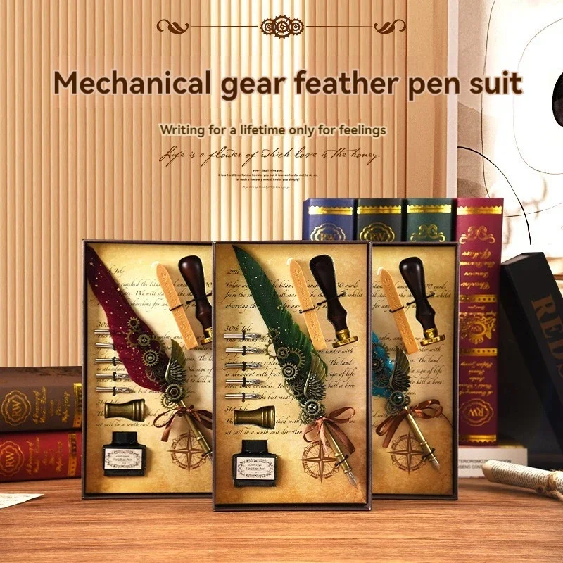 Feather Calligraphy Classic Pen Wax Ink Seal Set Stamp Vintage Wood Dip Pen 6Pcs Ink Gift Bottles For Students Adult Supplies