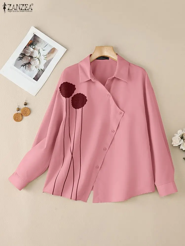 ZANZEA 2022, осенние рубашки с цветочным принтом, женские элегантные топы с лацканами и длинными рукавами, элегантная офисная блузка на пуговицах, Blusas