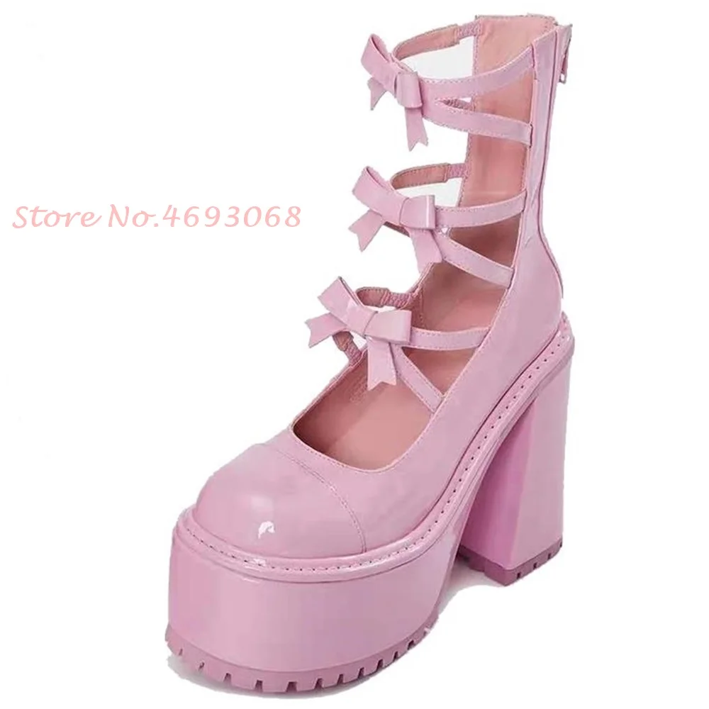 

Pink Platform Bow-knot Lolita Boots Women Lovely Round Toe High Block Heel Ankle Boots Patent Leather Outfit Women Casual Shoes