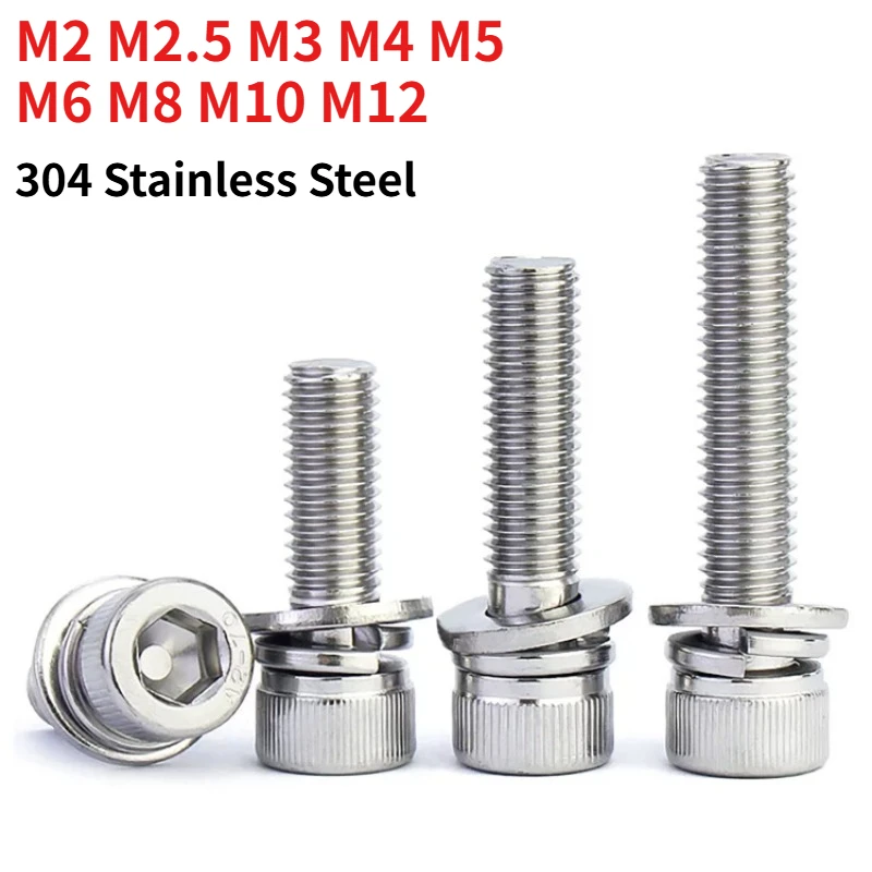 DIN912 Knurled Allen Socket Cap Bolt 304 Stainless Steel Hex Combination Screw With Flat & Spring Washer M2M2.5M3 M4M5M6M8M10M12