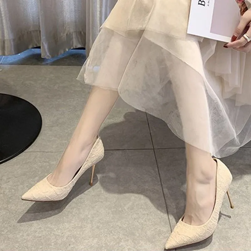 Spring 2024 New Korean Version of High Heels 9 CM Women All-match  Pointed Shallow Stiletto Black White Single Shoes Women Heels