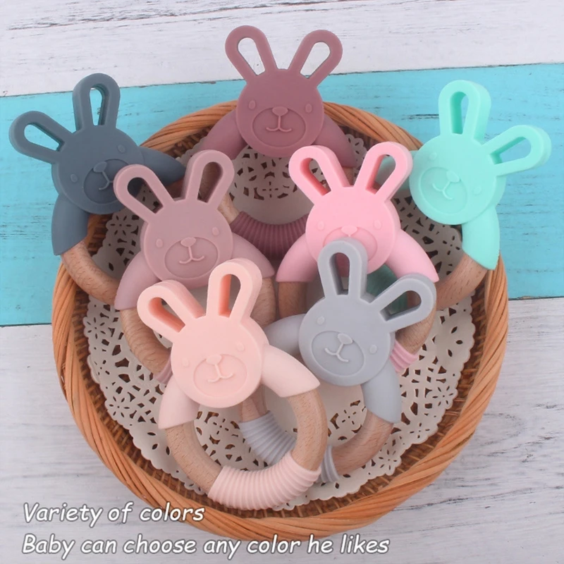 BPA Free Silicone Baby Teether Cartoon Rabbit Wooden Ring Newborn Handhold Teething Toys Rodent Molar Play Gym Educational Toy