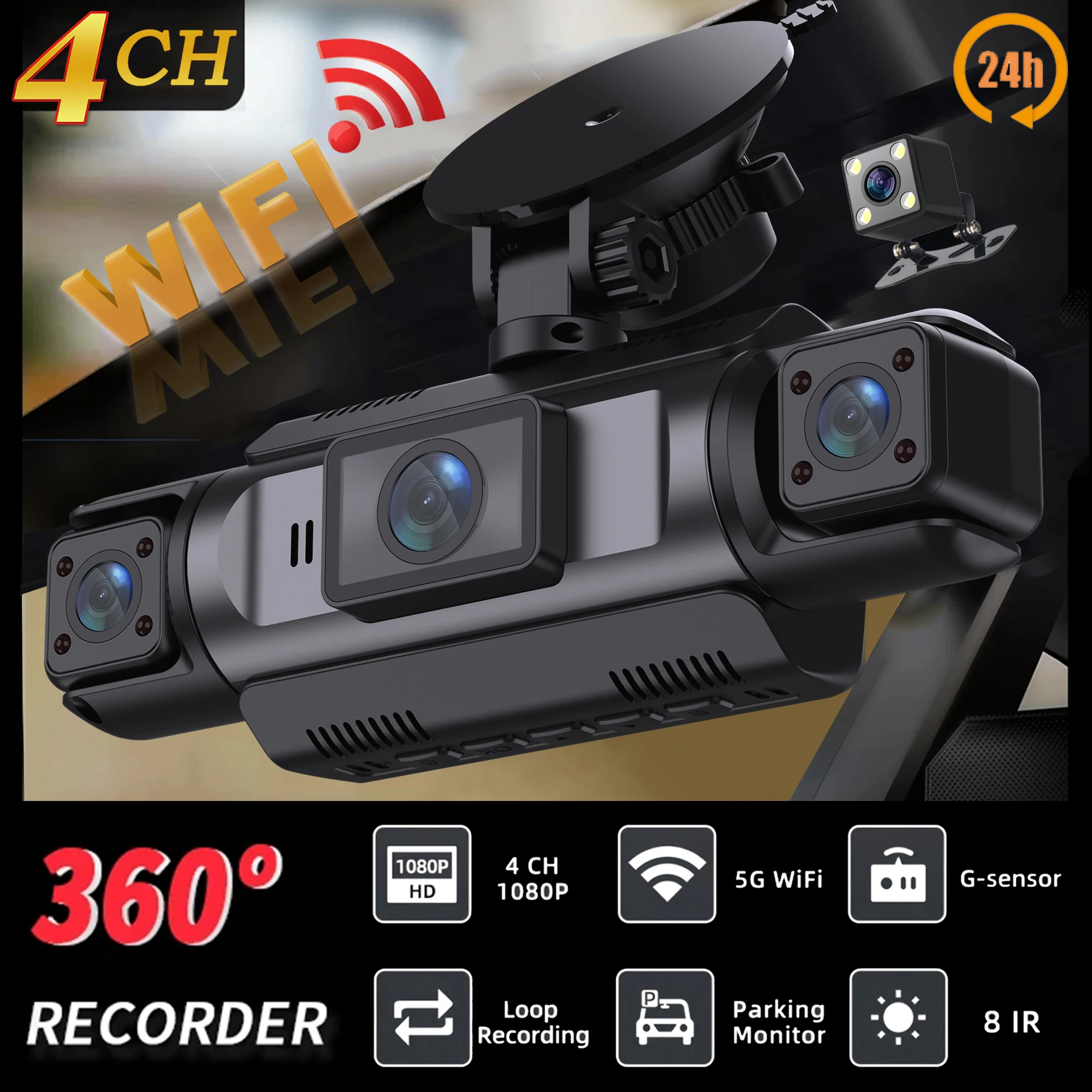 Samochodowy wideorejestrator 4-kanałowy Black Box WiFi Kamera jazdy FHD 1080P Przód Lewy Prawy Tył Noktowizor Nagrywanie w pętli dodaj Zestaw przewodów