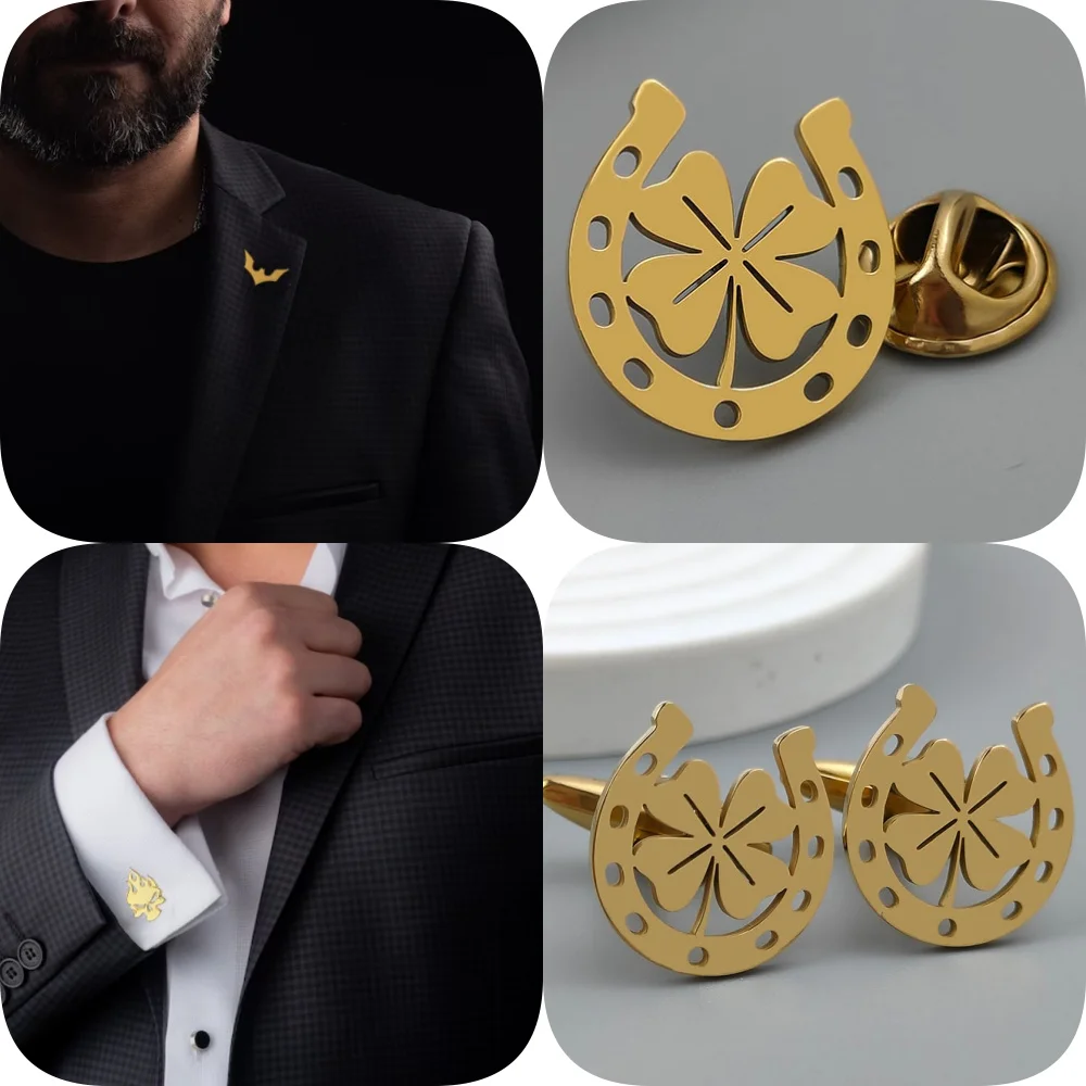 

Fashion Horseshoe Four-leaf Crocodile Stainless Steel Brooch, Men's Suit Lapel Pin, Shirt Buttons, Cufflinks and Badge Set
