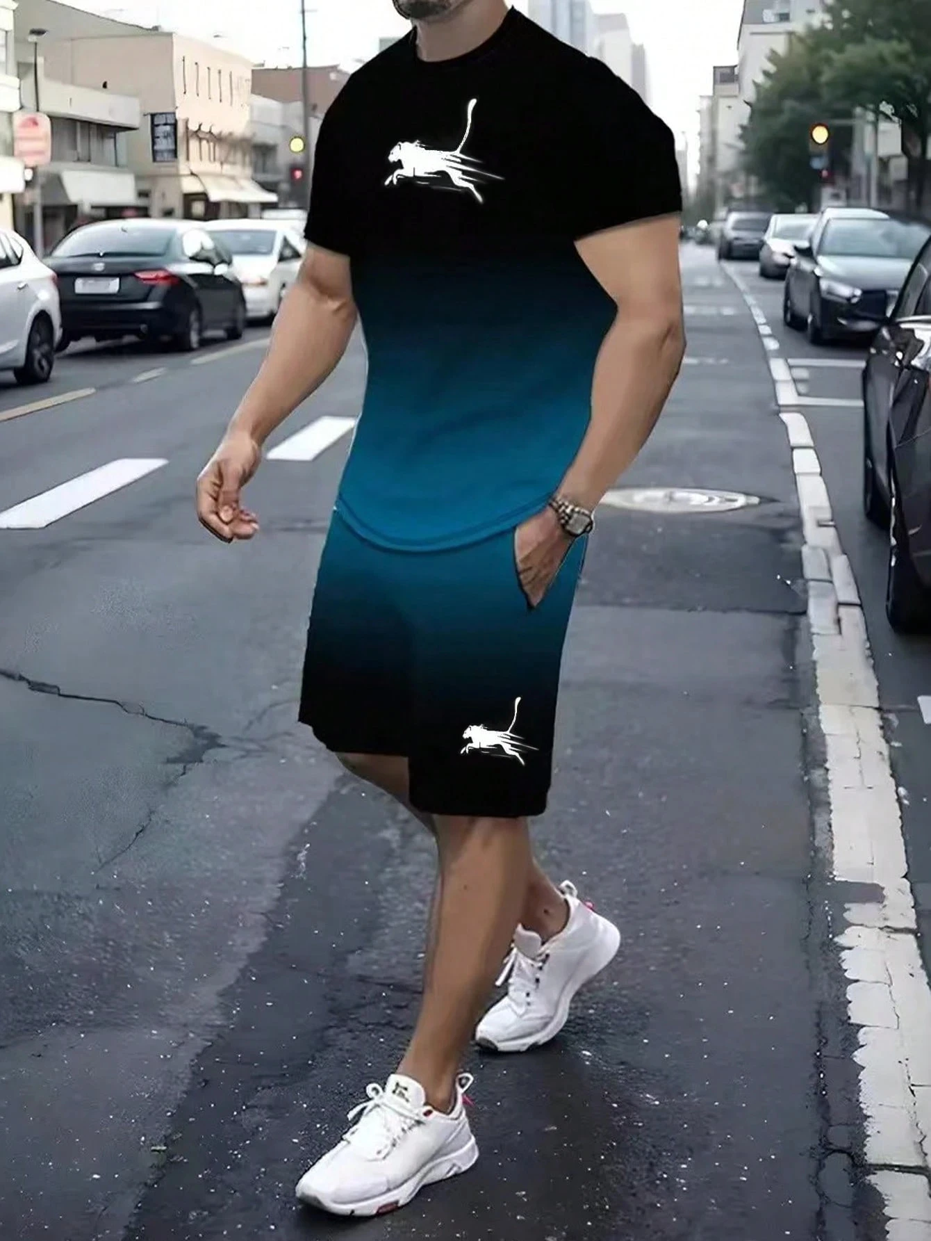 

Men's Summer Casual Gradient Print Short Sleeve T-Shirt And Drawstring Waist Shorts 2 Pieces Set Men's Clothing Tracksuit Set