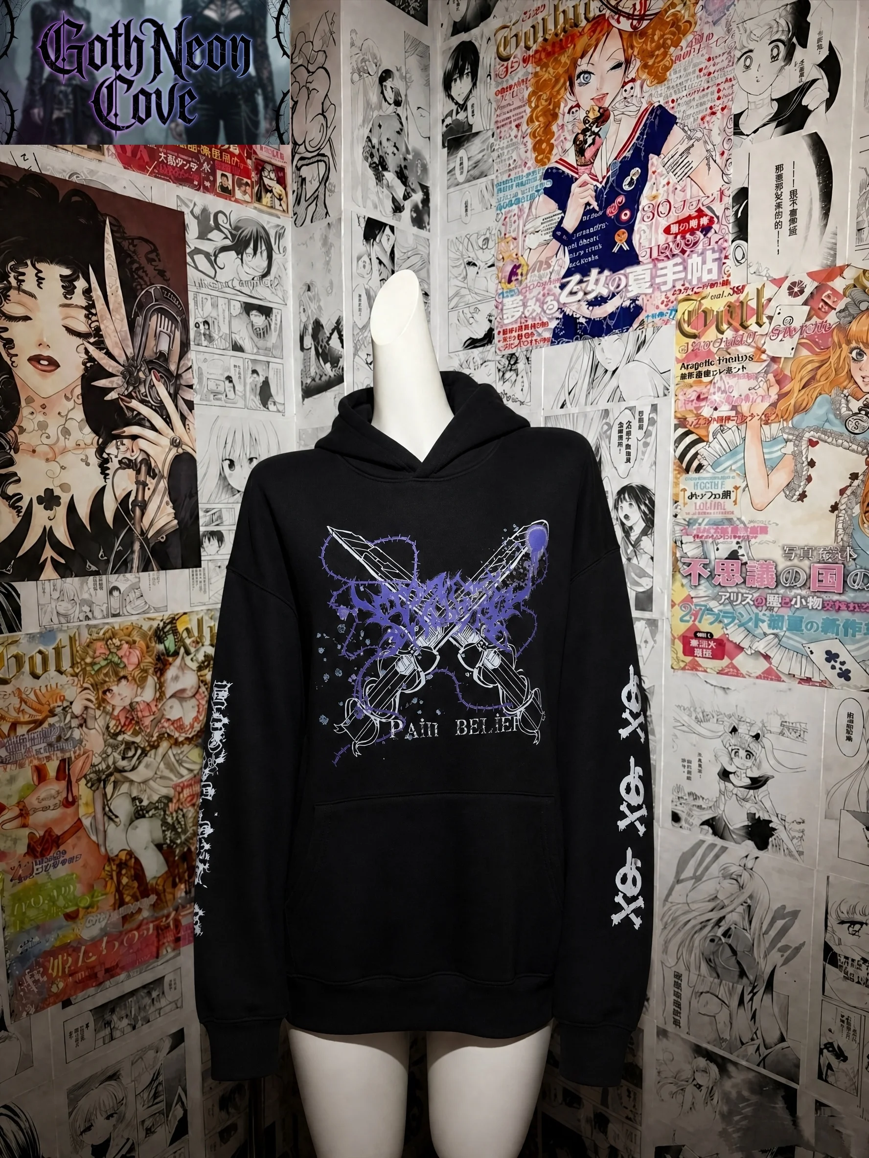 Subculture Y2k Black Hooded Warm Fleece Hoodies Spring Autumn Cute Printed Loose Casual Top Women's Sweet Punk Gothic Sweatshirt