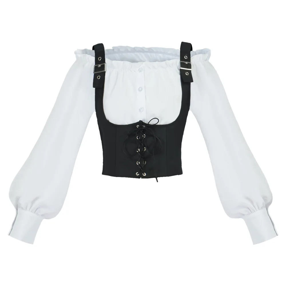 Retro Western Style Women Blouse Suede Vest Splicing Long Sleeve Cropped Top Corset Tee Shirts Oktoberfest Halloween Costume view 3