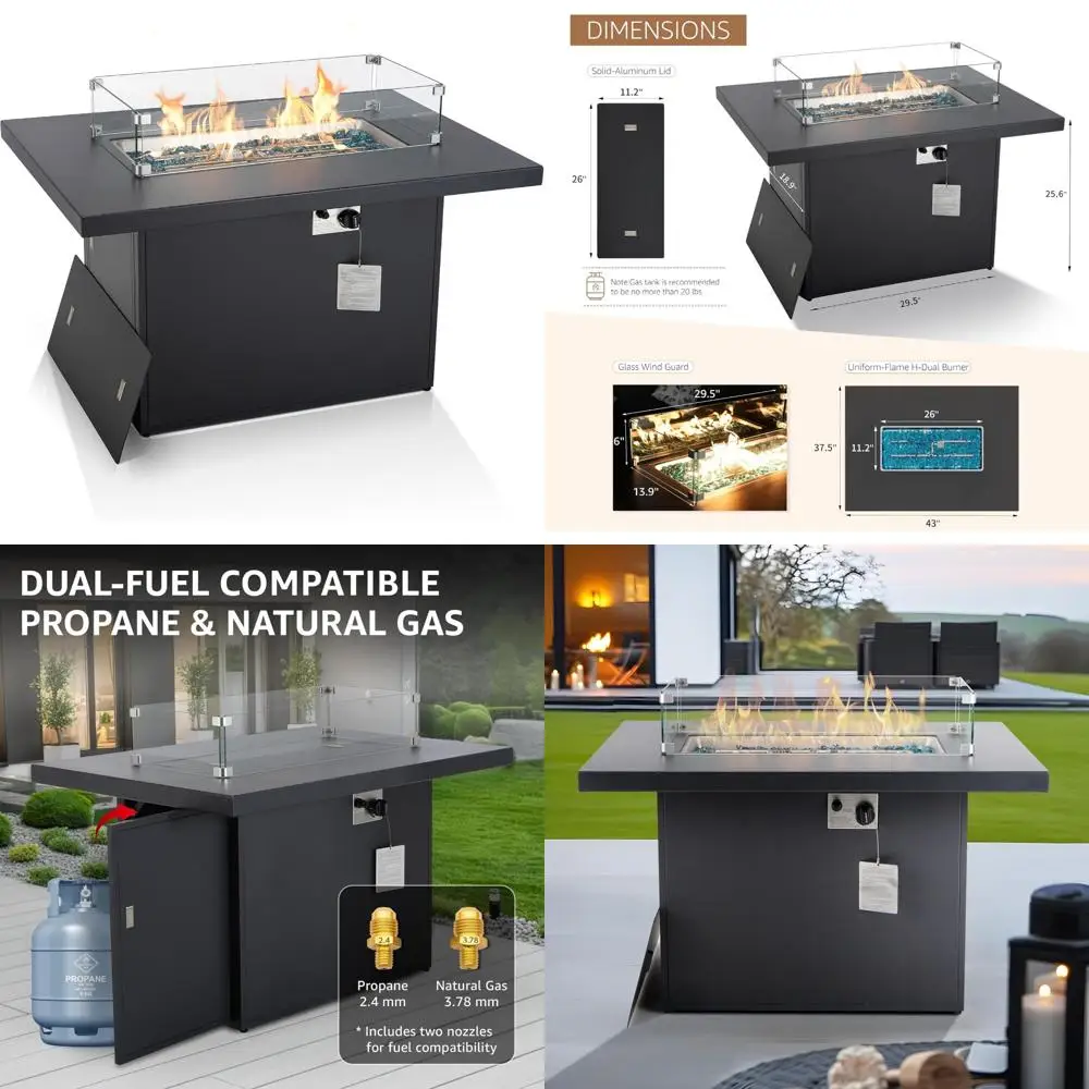 

Алюминиевый стол для костра для патио на открытом воздухе с 60 000 БТЕ, пропаном/натуральным газом, прямоугольным дизайном, крышкой, крышкой и защитой от ветра