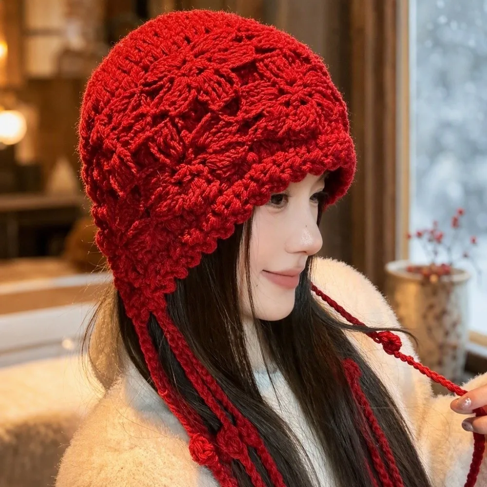 New Flower Knitted Crochet Hat with Tassels Hollowed Out Mesh Pullover Hat Braided Ear Protector Knitted Caps Outdoor