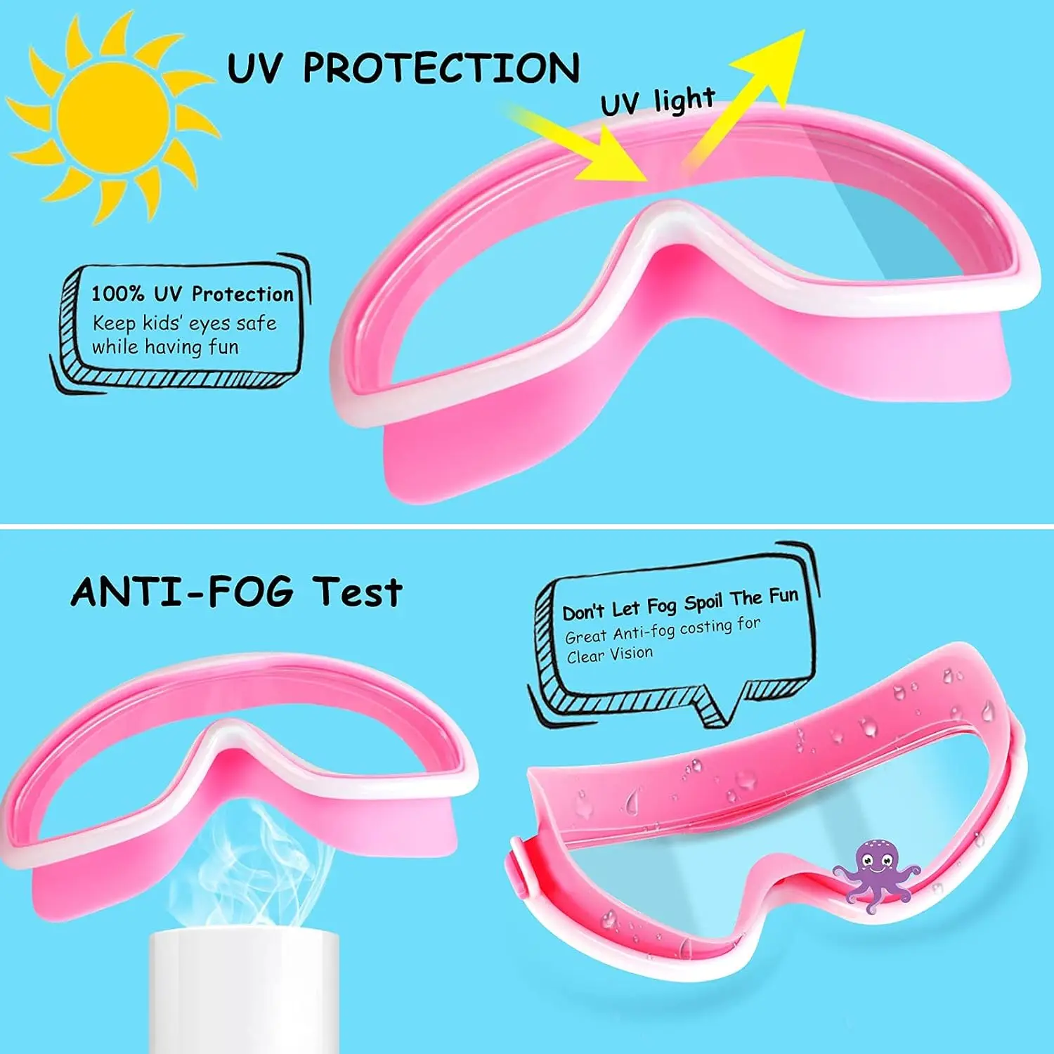 Lunettes de natation pour enfants de 3 à 15 ans, lot de 2, avec couverture antarctique, sans fuite