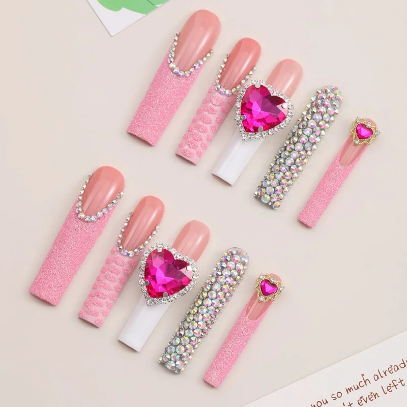 

European and American Ins Mid-Length Coffin Nail Pink Mud French Style Big Love AB Diamond Handmade Wear Nail Generation