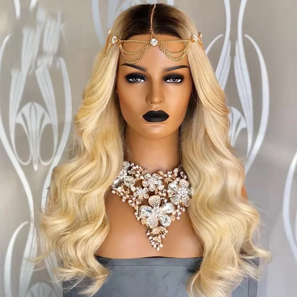 13*6 Human Hair Lace Frontal Blonde Ombre Lace Front Hair Wigs Honey Blonde 13x6 Hd Frontal Wig Dark Roots Body Wave #4 613 Wig