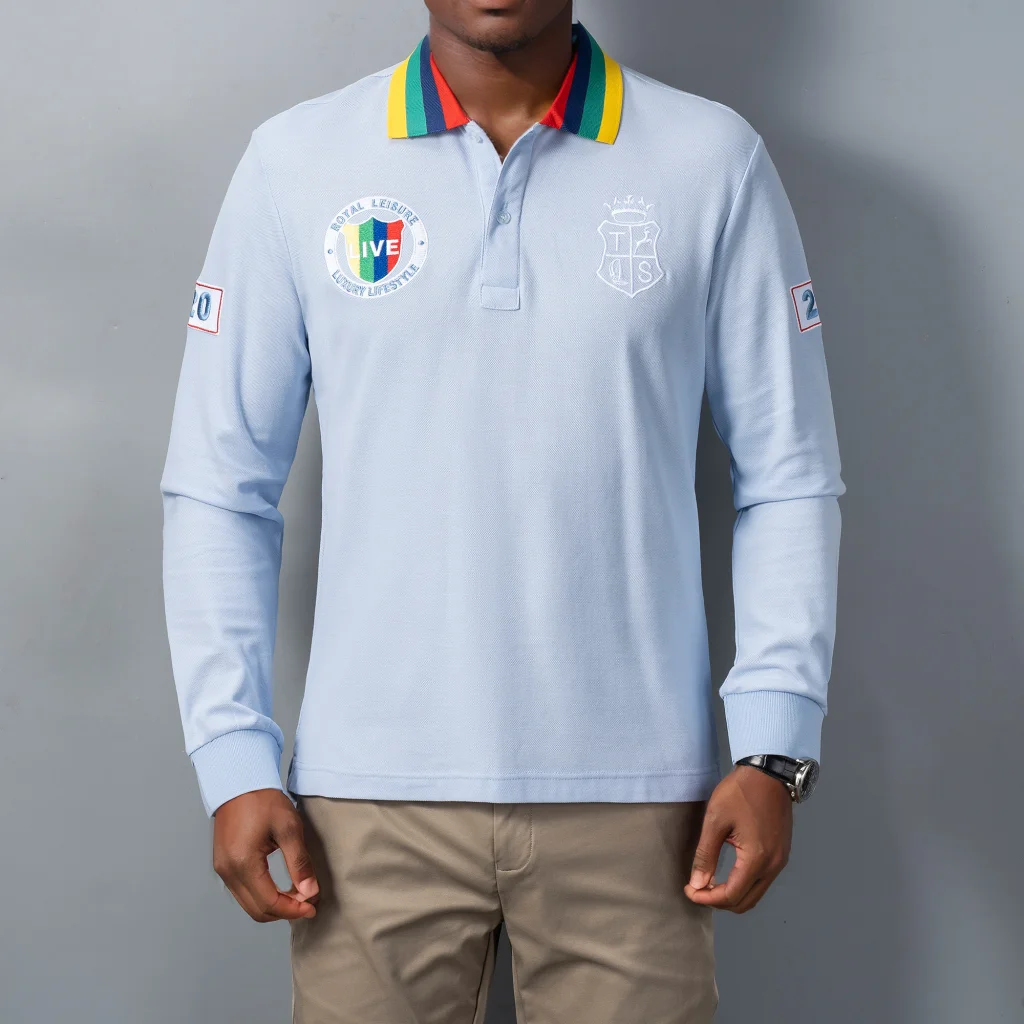 

Royal Leisure Life Men's Long-Sleeve Polo Shirt Original Luxury Quality Life Embroidery Fashion Sky Blue Contrast Patchwork Pure