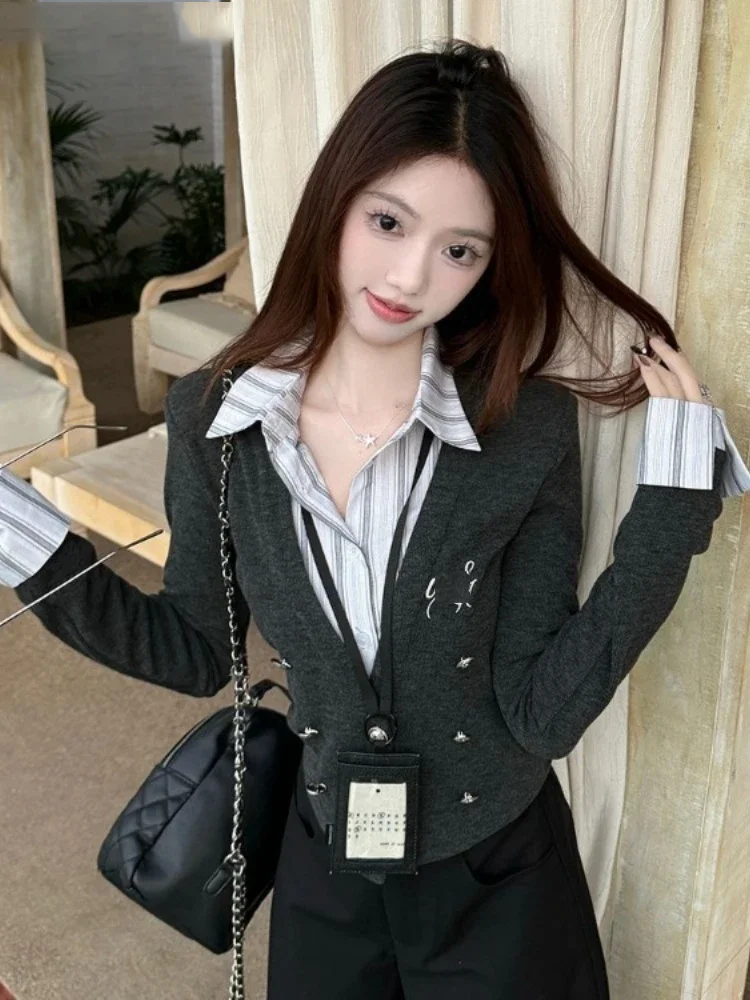 

Cropped Cardigan Women's Clothing Patchwork Two Sueter Mujer Korean Chic Pull Femme Double-breasted Tunic Knit Sweater Tops