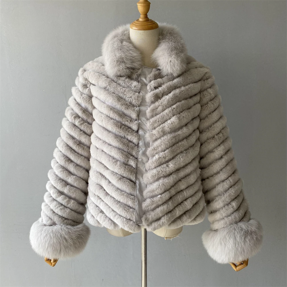 Jaxmonoy المرأة عكسها الفراء سترة السيدات خريف شتاء موضة معطف فرو الأرنب الحقيقي مع حواف فرو الثعلب الفاخرة Casaco معاطف جديد